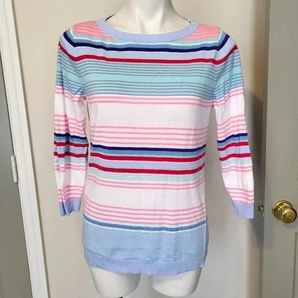 Talbots Blue and Pink(Pastel) Striped Three Quarter Sleeve Sweater(S)